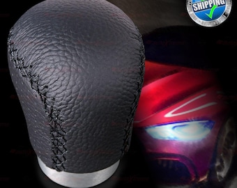 Compatible with 5 or 6 Speed Real BLACK Leather with BLACK Threads Sports Gear Shift Knob + 3 Rubber Adapters included | AutoXtreme