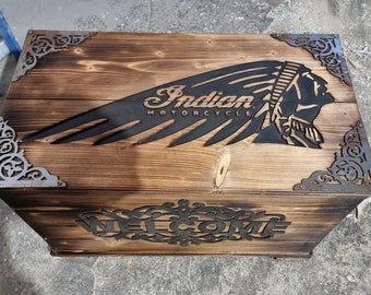 Indian motors carved wooden chest