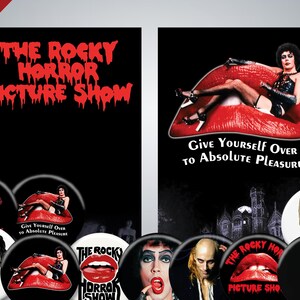 以下が含まれることがあります： カルト映画「ロッキー・ホラー・ショー」のキャラクターとイメージをフィーチャーした、直径 5.7 cm のボタンセット。ボタンには、赤い唇、黒いコルセットを着たキャラクター、黒いウィッグと白いシャツを着たキャラクターが描かれています。