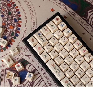 Voynich Manuscript Keycap Set-135 Keys, Hand Painted Flowers Keycap Set, Beige PBT Keycap Set,Mechanical Keyboard Keycap Set.