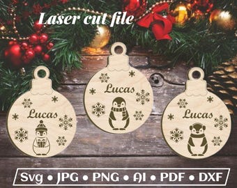 3 personalized Christmas Ornaments, hanging bauble, Laser Cut File, svg file