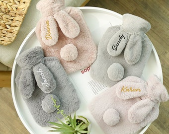 Personalized Hot Water Bottle Bag with Cute Stuffed Bunny Cover,Animal Hot Water Bottle with removable cover,Heat Pack