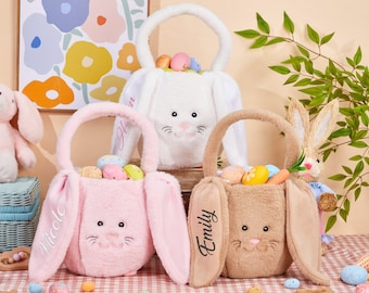 Personalized Plush Easter Basket,Embroidered Name Easter Bucket,Kids Bunny Basket with Name,Custom Easter Bag,Easter Gifts for Girls Boys