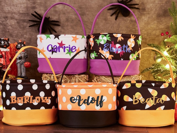 Personalized Halloween Candy Tote,Custom Name Halloween Candy Bucket,Embroidered Halloween Trick or Treat Bag,Candy Buceket Gift for Kids