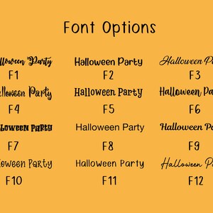 May include: A graphic showing 12 different font options for the text "Halloween Party". Each font is labeled with a number from F1 to F12.