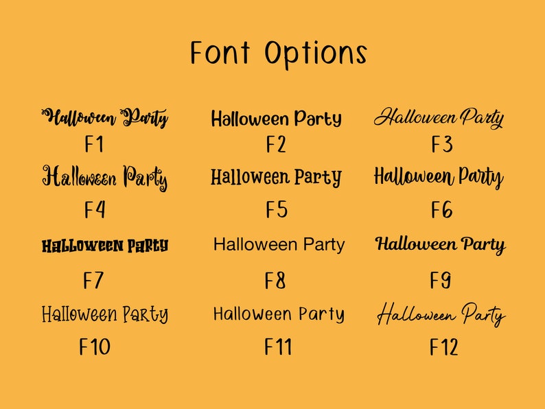 May include: A graphic showing 12 different font options for the text "Halloween Party". Each font is labeled with a number from F1 to F12.