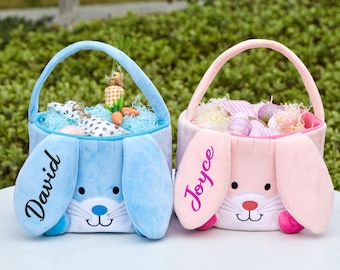 Personalized Easter Basket for Kid,Custom Name Bunny Basket,Easter Gift Decor for Children Boys Girls Embroidered Basket for Easter Egg Hunt