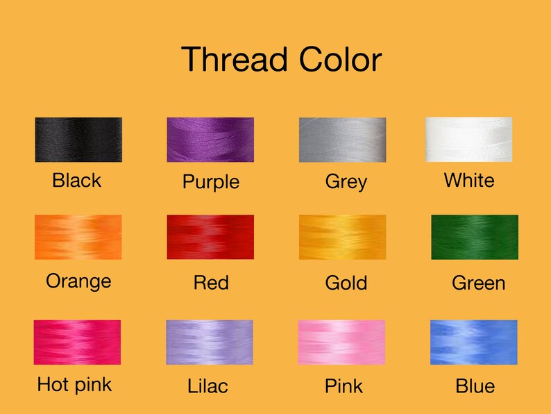 May include: A chart showing 12 different thread colors, including black, purple, grey, white, orange, red, gold, green, hot pink, lilac, pink, and blue.
