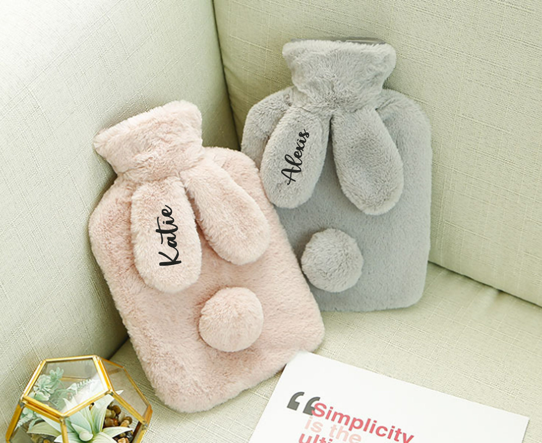 Personalized Hot Water Bottle Bag with Cute Stuffed Bunny Cover,Animal Hot Water Bottle with removable cover,Heat Pack