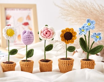 Handmade Crochet Potted Rose/Sunflower/Tulip/Daisy Plant-Crochet Flower Decoration -Knitted Flower Car Decoration-Crochet Flower Decoration