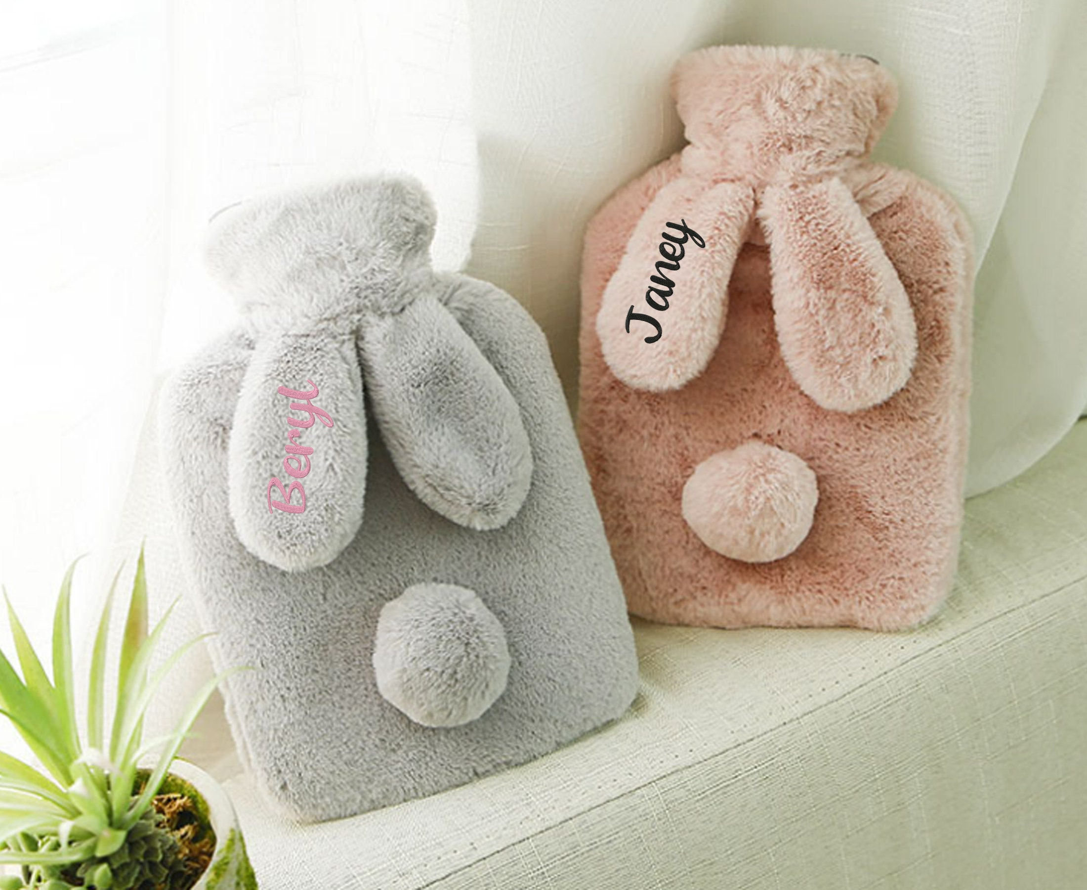 Personalized Hot Water Bottle Bag with Cute Stuffed Bunny Cover,Animal Hot Water Bottle with removable cover,Heat Pack