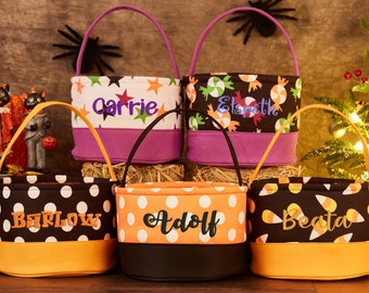 Custom Name Trick or Treat Halloween Basket, Candy Bag Personalized,Trick or Treat Candy Bucket,Canvas Halloween Tote,Halloween Bag Gift