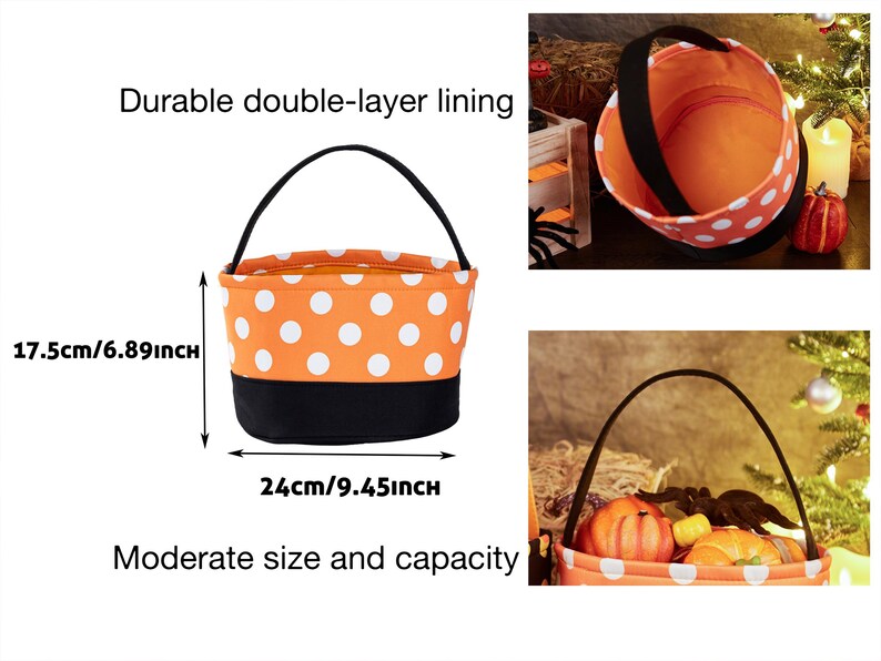 May include: Orange and white polka dot trick or treat bag with a black handle and black lining. The bag measures 6.89 inches tall and 9.45 inches wide.