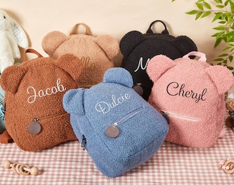 Sac à dos personnalisé ours en peluche pour bébé, sac à dos brodé pour tout-petit, sac à dos préscolaire à monogramme, cadeaux de Pâques pour bébé, sac à dos de voyage pour enfants