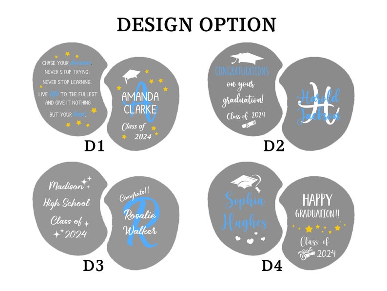 Puede incluir: Diez dise&ntilde;os de graduaci&oacute;n diferentes para un regalo personalizado. Cada dise&ntilde;o presenta un fondo gris con acentos azules y dorados. Los dise&ntilde;os incluyen texto como "&iexcl;Felicidades por tu graduaci&oacute;n!" y "Clase de 2024".