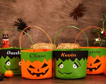 Personalized Halloween Trick or Treat Bucket for Kids,Halloween Gifts Basket,Embroidered Felt Halloween Candy Bag,Custom Name Halloween Bag