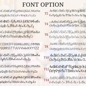 May include: A chart with 14 different font options labeled T1 through T14. Each font option displays the alphabet in lowercase letters, with the letters A through Z in the first line and the letters O through Z in the second line.