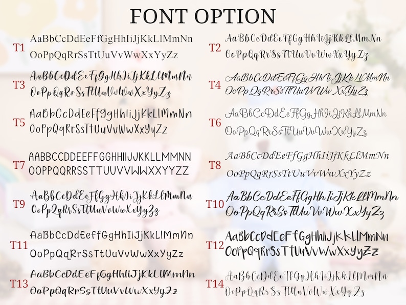May include: A chart with 14 different font options labeled T1 through T14. Each font option displays the alphabet in lowercase letters, with the letters A through Z in the first line and the letters O through Z in the second line.