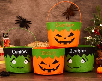 Custom Name Trick or Treat Halloween Basket,Embroidered Halloween Bucket Bag,Personalized Felt Halloween Tote, Monogram Halloween Bag