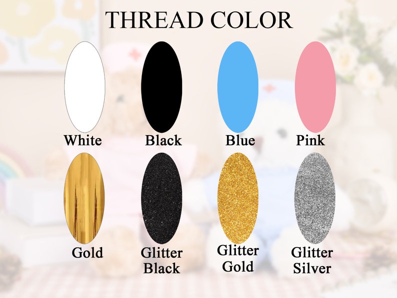 May include: A chart showing different thread colors for embroidery. The colors are white, black, blue, pink, gold, glitter black, glitter gold, and glitter silver.