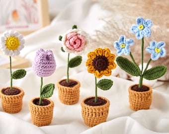 Handmade Crochet Potted Flower-Lovely Car Dashboard Decoration-Rose/Sunflower/Tulip/Daisy Imitation Flower,Gift for Her on Valentine&#39;s Day