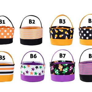 May include: Eight Halloween trick-or-treat buckets with different patterns. The buckets are orange, black, white, purple, and green. The patterns include polka dots, stripes, candy corn, stars, and candy canes.