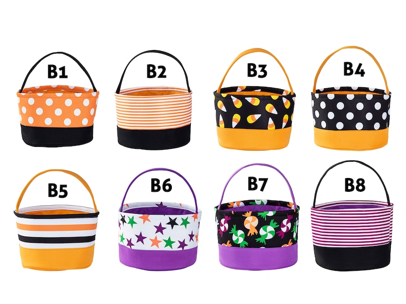 May include: Eight Halloween trick-or-treat buckets with different patterns. The buckets are orange, black, white, purple, and green. The patterns include polka dots, stripes, candy corn, stars, and candy canes.