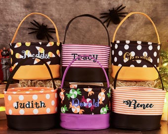 Personalized Halloween Basket Trick or Treat Bucket for Kids,Halloween Gifts Basket,Canvas Halloween Candy Bag,Custom Halloween Candy Basket