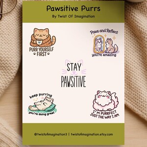 Feuille d'autocollants sur le thème du chat Pawsitive ronronne | Stickers motivants mignons pour journaux, agendas, cadeaux et soins personnels