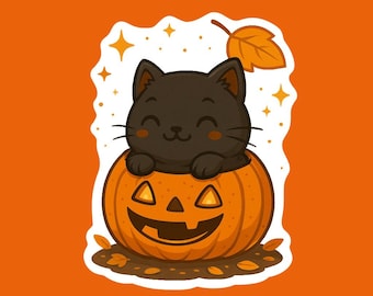Halloween Black Cat Vinyl Sticker – Kawaii Pumpkin Fall Decor, Spooky Season Laptop/Journal Sticker