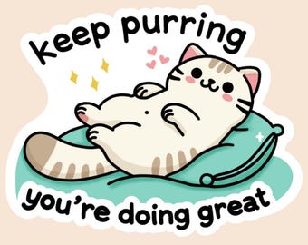 Könnte beinhalten: Eine weiße und braune Katze mit geschlossenen Augen liegt auf einem türkisfarbenen Kissen mit dem Text "Keep purring you're doing great".