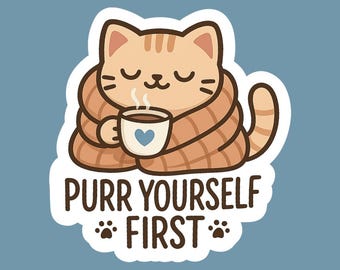 Adhesivo de vinilo de gato acogedor – Calcomanía de gatito kawaii para el autocuidado