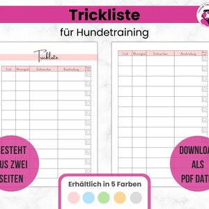 Könnte beinhalten: Eine druckbare Checkliste für das Hundetraining mit dem Titel "Trickliste für Hundetraining". Die Checkliste ist in zwei Spalten unterteilt mit Überschriften für "Trick", "Wortsignal", "Sichtzeichen" und "Beschreibung". Die Checkliste ist in fünf Farben erhältlich.