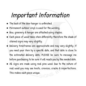 May include: White background with black text that reads "Important Information." The text lists details about the product, including the use of outdoor vinyl, real pine wood, and variations in stain.