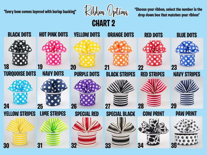 May include: A chart of various ribbon options with different patterns and colors, including polka dots, stripes, and animal prints. The text reads "Ribbon Options CHART 2" and includes the text "Every bow comes layered with burlap backing".