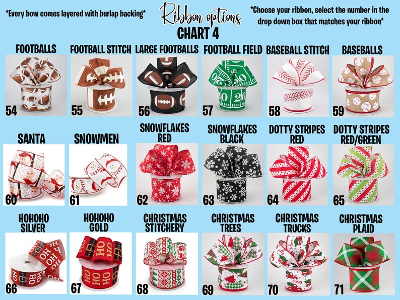 May include: Chart 4 of ribbon options, featuring various designs. Includes football, baseball, snowflake, and Christmas-themed ribbons. Each ribbon is displayed as a bow atop a spool, with numbers 54-71 for selection. Text reads, "Every bow comes layered with burlap backing."