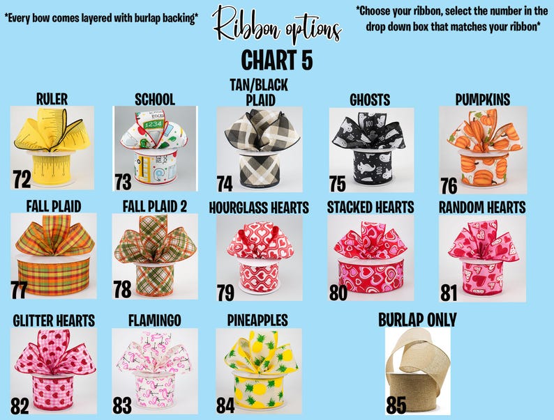 May include: A chart of decorative ribbon options, each with a unique design. Designs include rulers, school themes, plaid patterns, ghosts, pumpkins, hearts, flamingos, and pineapples. Each ribbon is layered with burlap backing. Text includes "Ribbon options" and "Choose your ribbon."