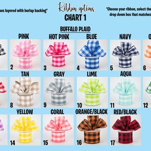 May include: Chart of buffalo plaid ribbon options in various colors, including black, pink, hot pink, blue, navy, orange, red, tan, gray, lime, aqua, green, purple, yellow, coral, orange/black, and red/black.