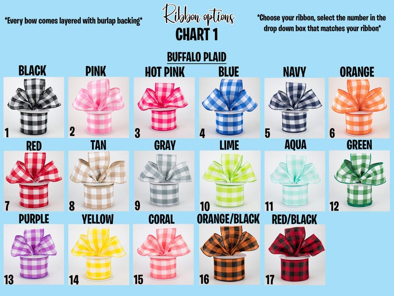 May include: Chart of buffalo plaid ribbon options in various colors, including black, pink, hot pink, blue, navy, orange, red, tan, gray, lime, aqua, green, purple, yellow, coral, orange/black, and red/black.
