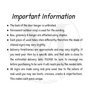 May include: White background with black text that reads "Important Information." Bullet points detail product features, including unfinished backs, outdoor vinyl, and real pine wood construction. The text also mentions that delivery timeframes are approximate.