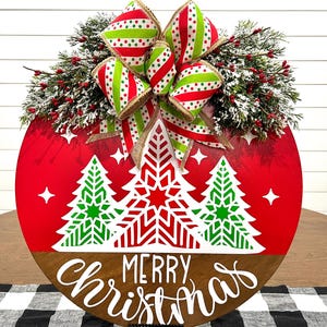Christmas Front Door Decor | Christmas Wreath | Christmas Door Sign | Merry Christmas Sign | Round Wood Christmas Wreath For Door | Porch