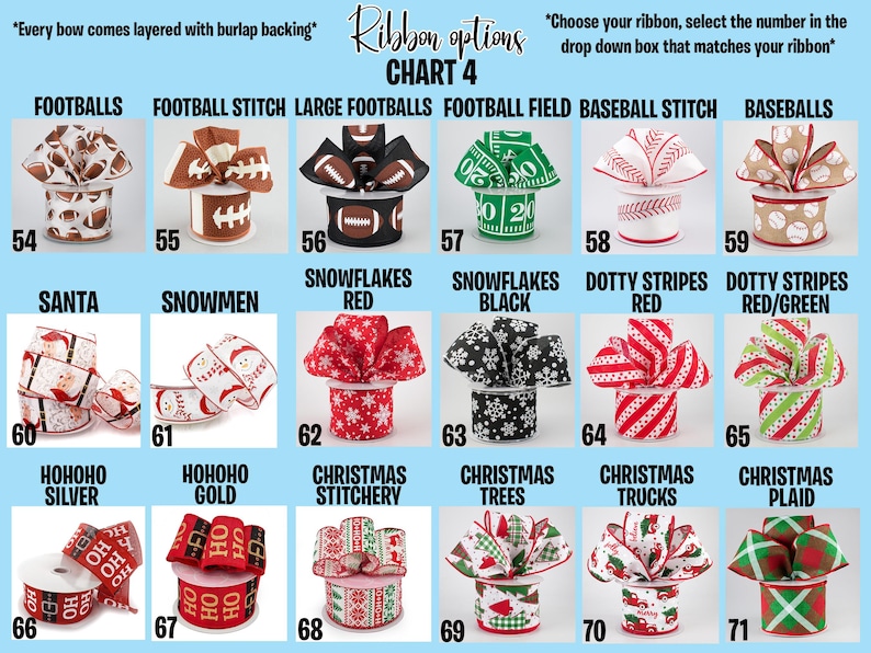 May include: Chart 4 of ribbon options, featuring various designs. Includes football, baseball, snowflake, and Christmas-themed ribbons. Each ribbon is displayed as a bow atop a spool, with numbers 54-71 for selection. Text reads, "Every bow comes layered with burlap backing."