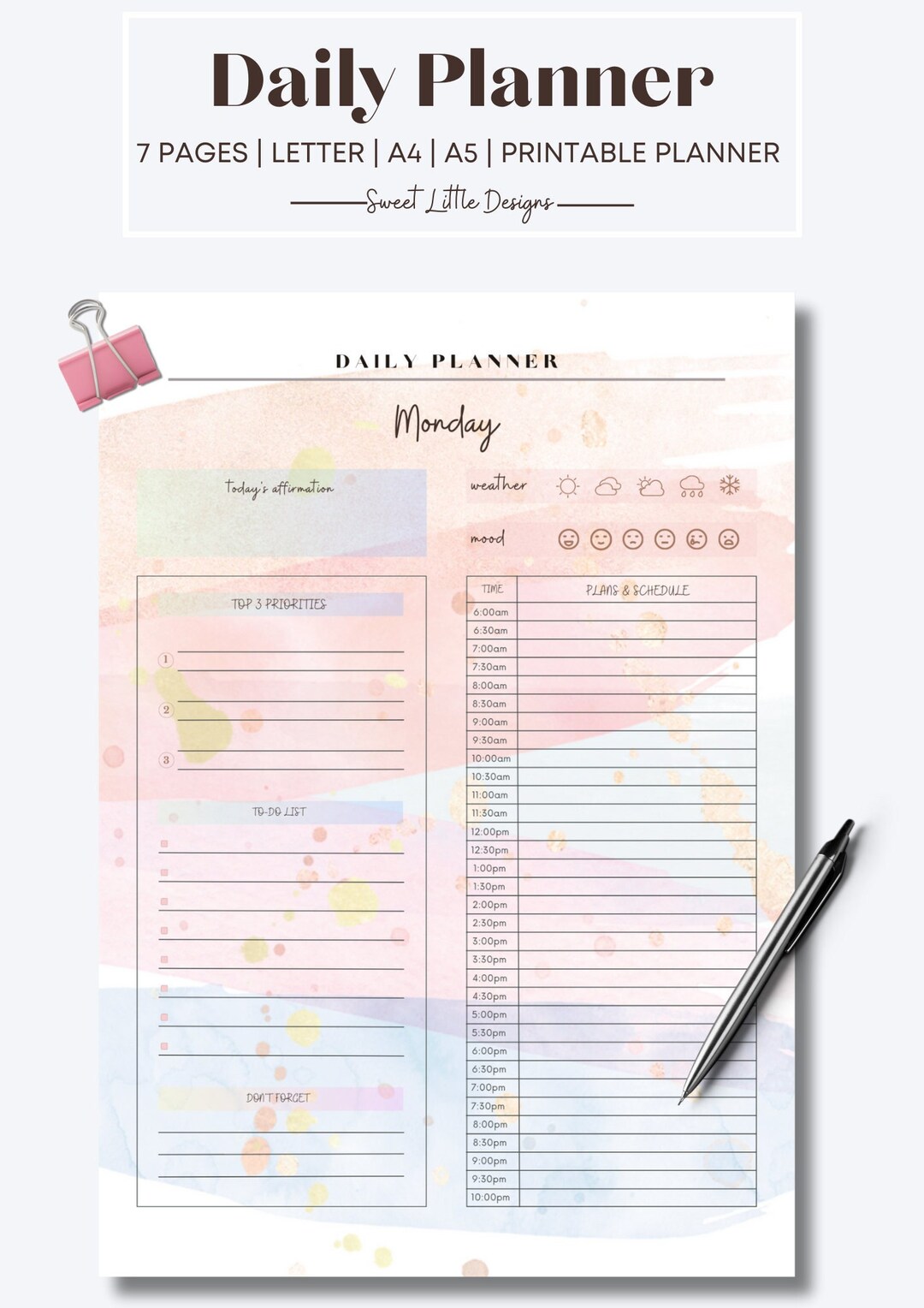 Colourful Printable Daily Planner, Hourly Planner, to Do List