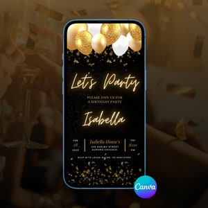 Digital Birthday Invitation Template, Electronic Invite, Neon Text, Balloons gold, Instant Download, Minimal Modern,Editable Template