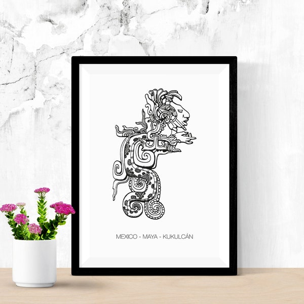 MAYA KUKULCAN DESIGN , Editable clipart, printable art, t-shirt design, poster, interior decoration, engraving, stencil, tattoo,