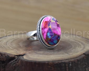 Handmade Pink Oyster Copper Ring: 925 Sterling Silver Gemstone Jewelry, Statement Ring For Girl