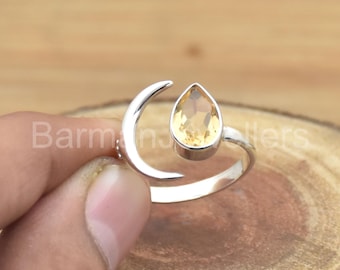 Natural Citrine Pear Ring: 925 Sterling Silver Crescent Moon Jewelry, Handmade Ring