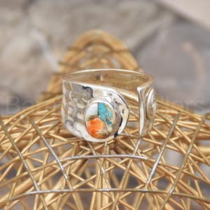 Oyster Copper Turquoise Ring, 925 Sterling Silver Handmade Ring, Hammered with turquoise Ring, Gift Ring for men and women, Textured Jewelry