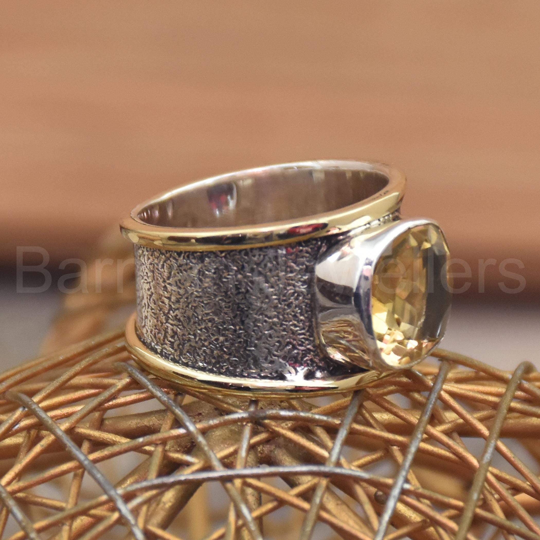 ハンドメイドのシトリンスターリングシルバーリング：ツートン