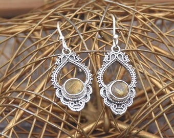 Pendientes de plata de ley con cuarzo rutilado dorado: joyería artesanal de 925